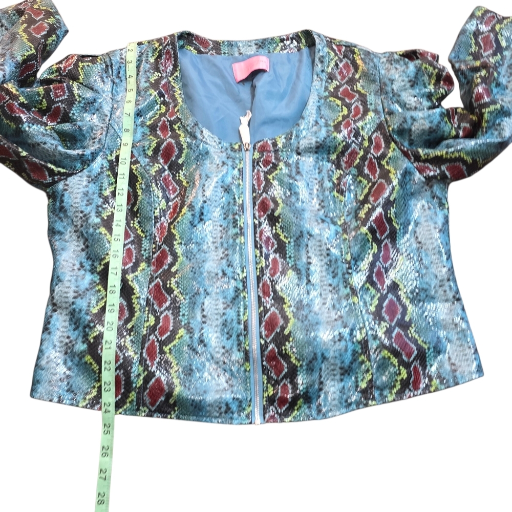 NWOT Azalea Wang Snake Print Puff Sleeve Jacket 2X Blue Statement Moto - Picture 2 of 9